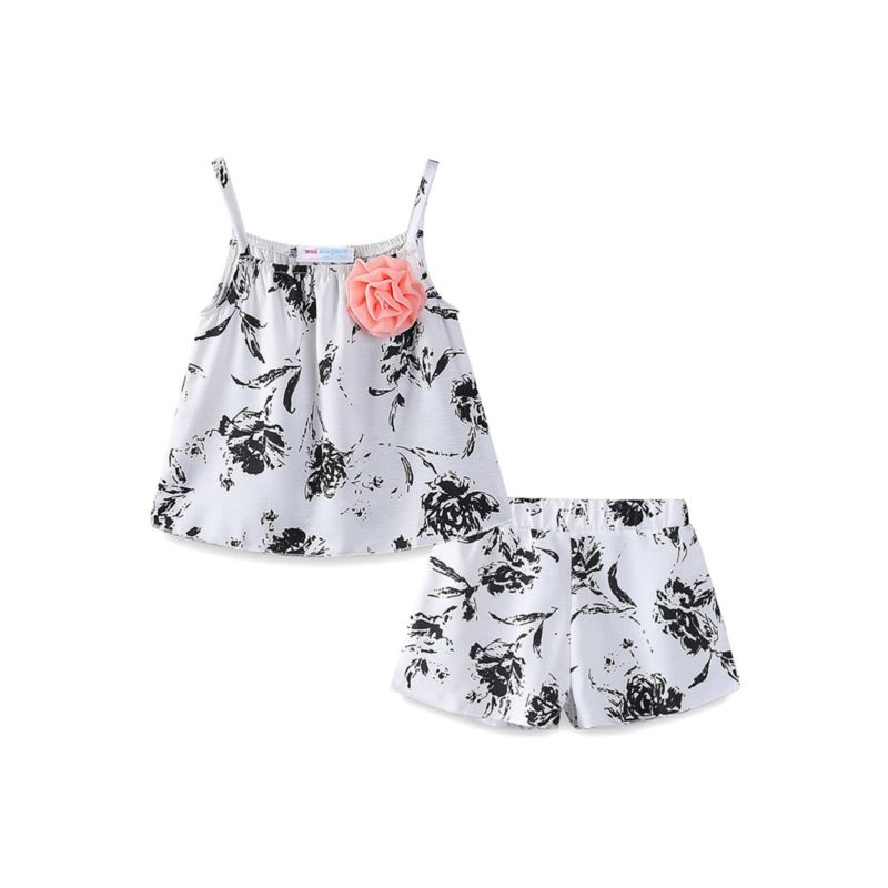 Black & White Short Set with Pink Shoulder Flower