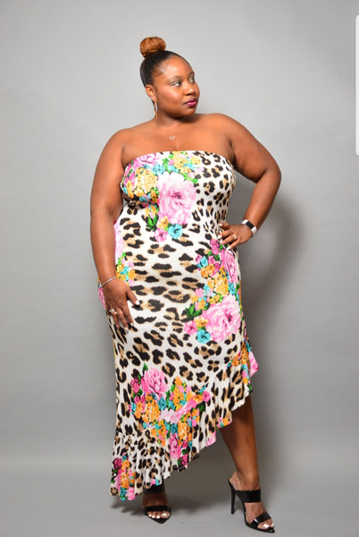 PLUS- Floral Bloom/Leopard Tube Dress