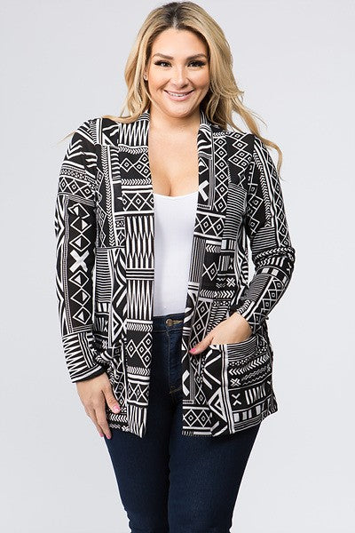 PLUS-Black/White Aztec Cardigan