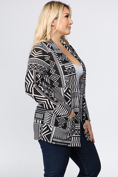 PLUS-Black/White Aztec Cardigan