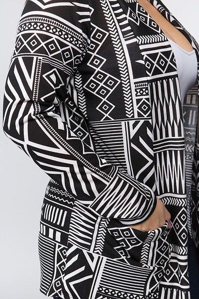 PLUS-Black/White Aztec Cardigan