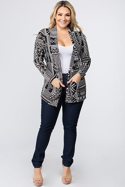 PLUS-Black/White Aztec Cardigan